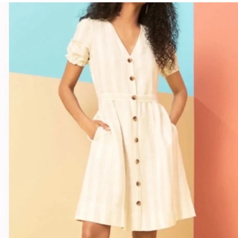 LOFT Beige White Stripe Linen Button-Front Short Puff Sleeve Dress